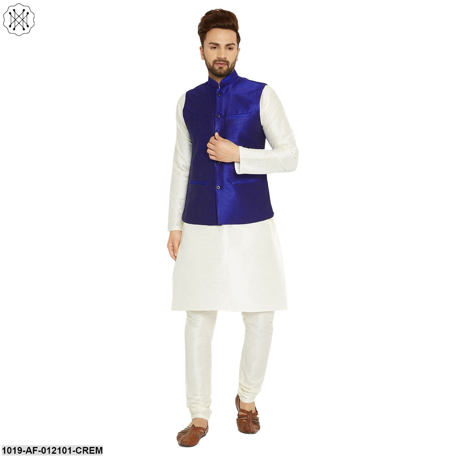 Men's Dupion Silk Kurta Pyjama And Nehru Jacket Set