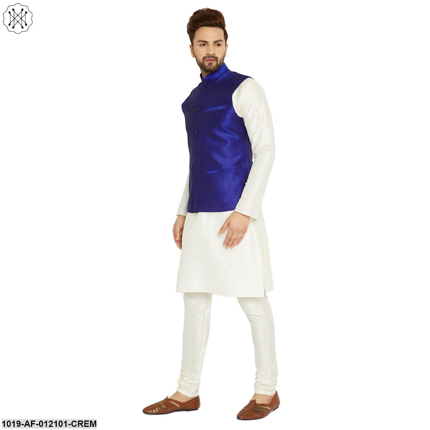 Men's Dupion Silk Kurta Pyjama And Nehru Jacket Set