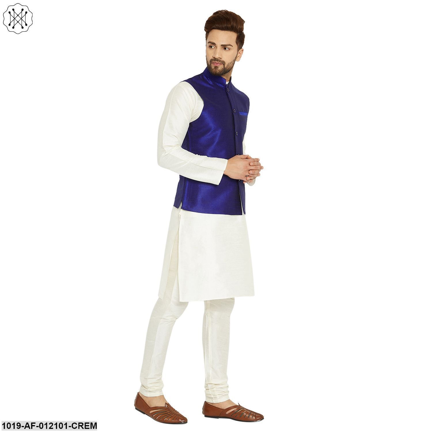 Men's Dupion Silk Kurta Pyjama And Nehru Jacket Set