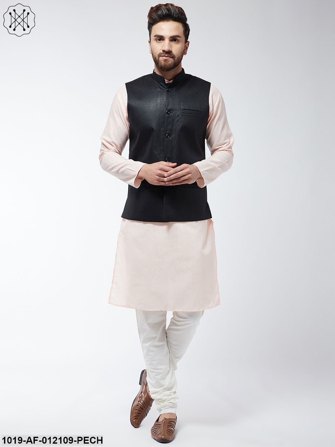 Men's Cotton Blend Peach Kurta Off-White Pyjama & Black Nehrujacket Set