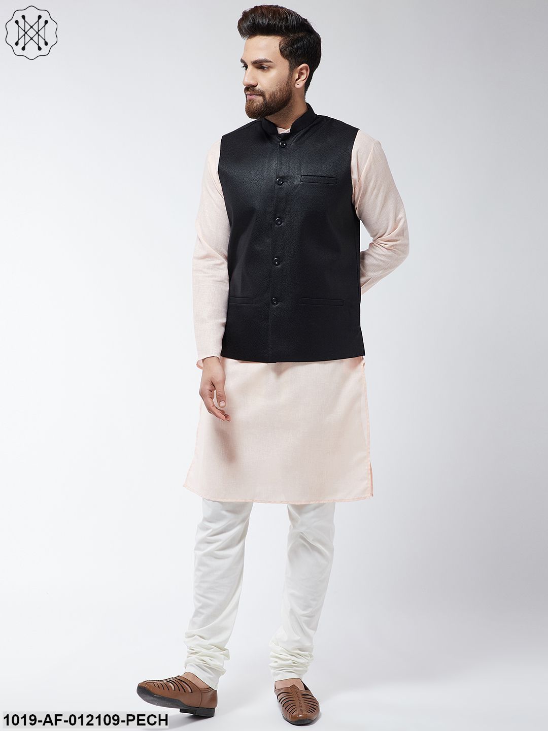 Men's Cotton Blend Peach Kurta Off-White Pyjama & Black Nehrujacket Set