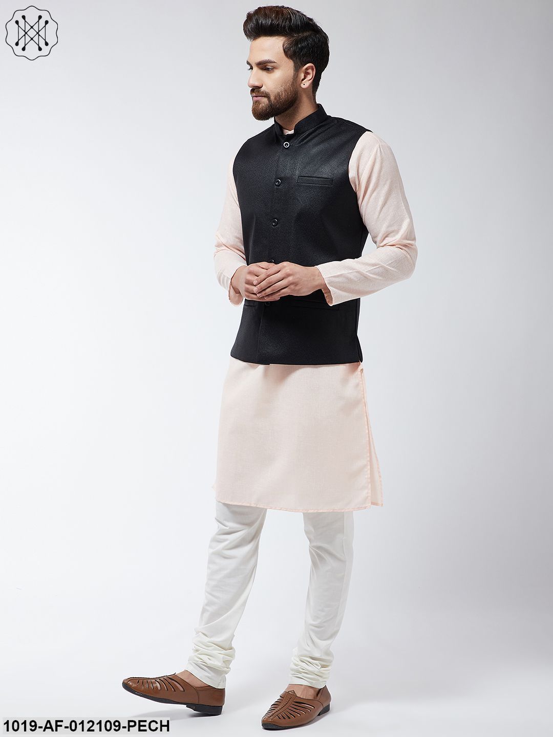 Men's Cotton Blend Peach Kurta Off-White Pyjama & Black Nehrujacket Set