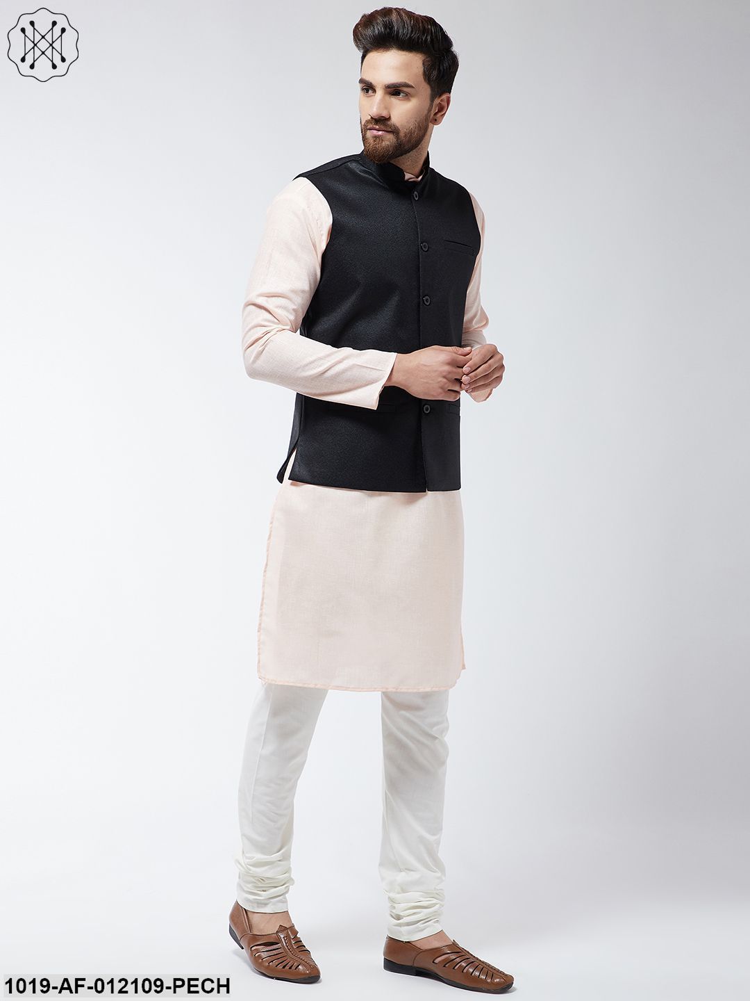 Men's Cotton Blend Peach Kurta Off-White Pyjama & Black Nehrujacket Set