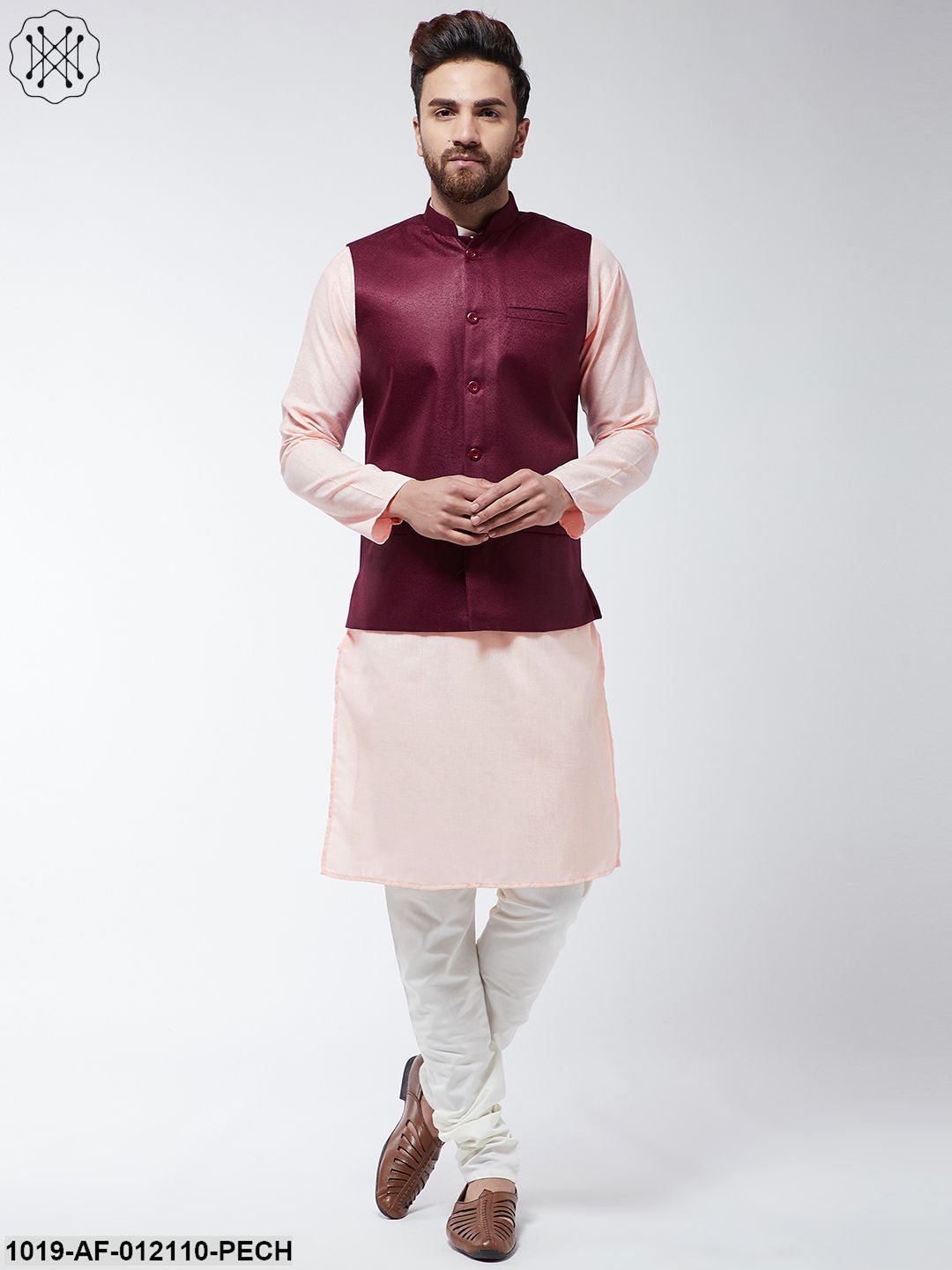 Men's Cotton Blend Peach Kurta Off-White Pyjama & Maroon Nehrujacket Set