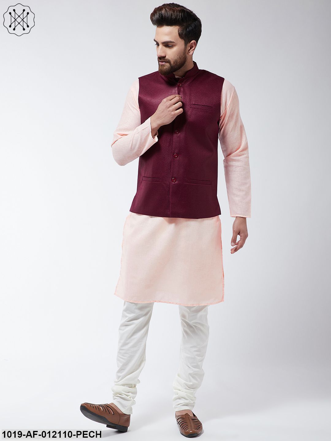 Men's Cotton Blend Peach Kurta Off-White Pyjama & Maroon Nehrujacket Set