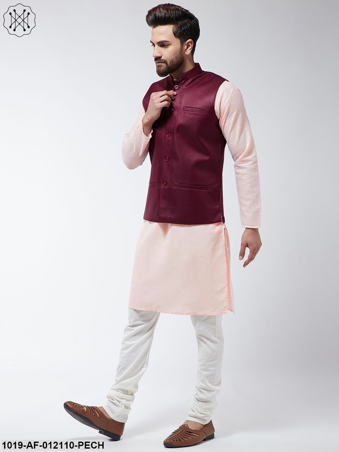 Men's Cotton Blend Peach Kurta Off-White Pyjama & Maroon Nehrujacket Set