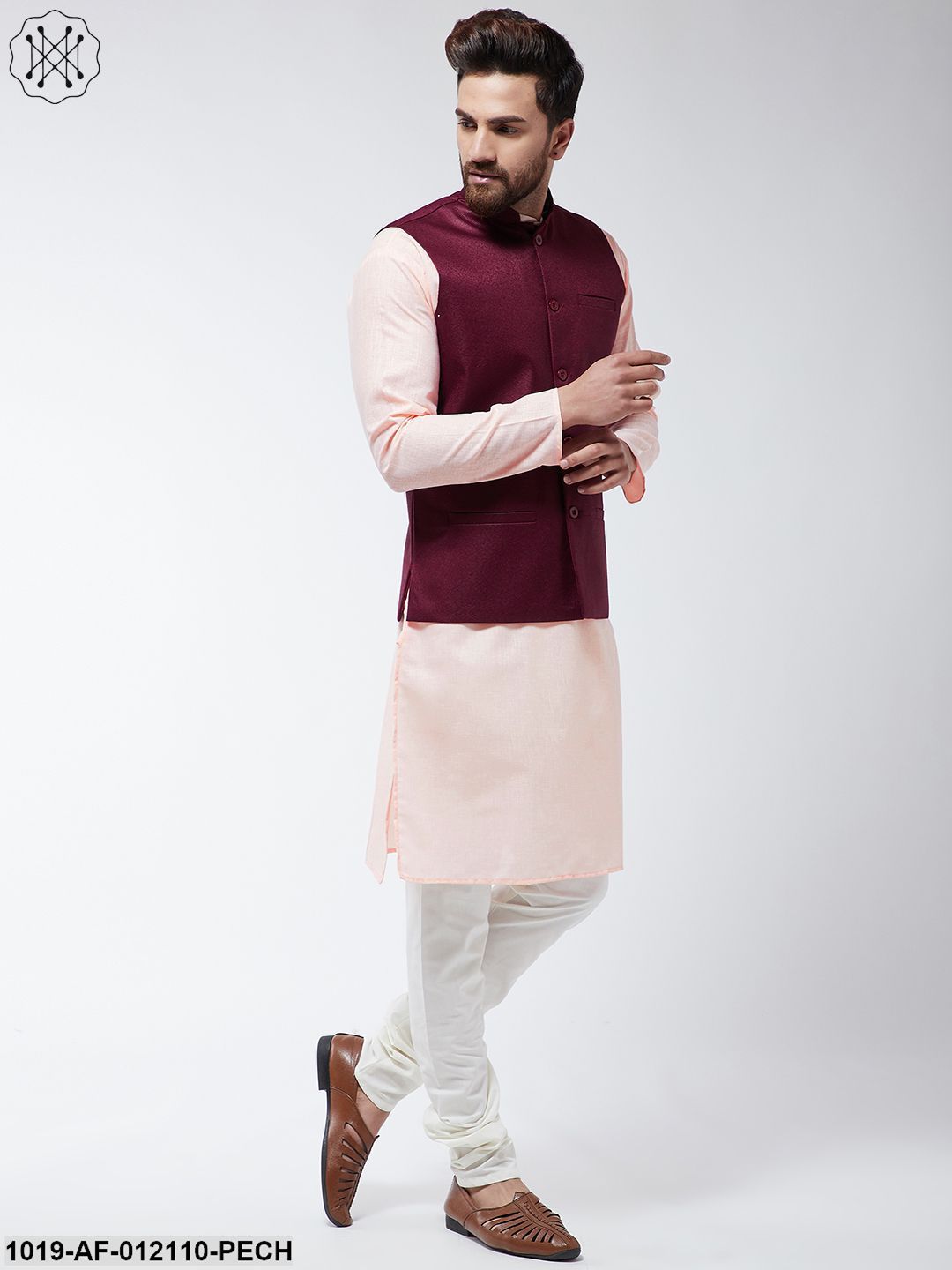 Men's Cotton Blend Peach Kurta Off-White Pyjama & Maroon Nehrujacket Set