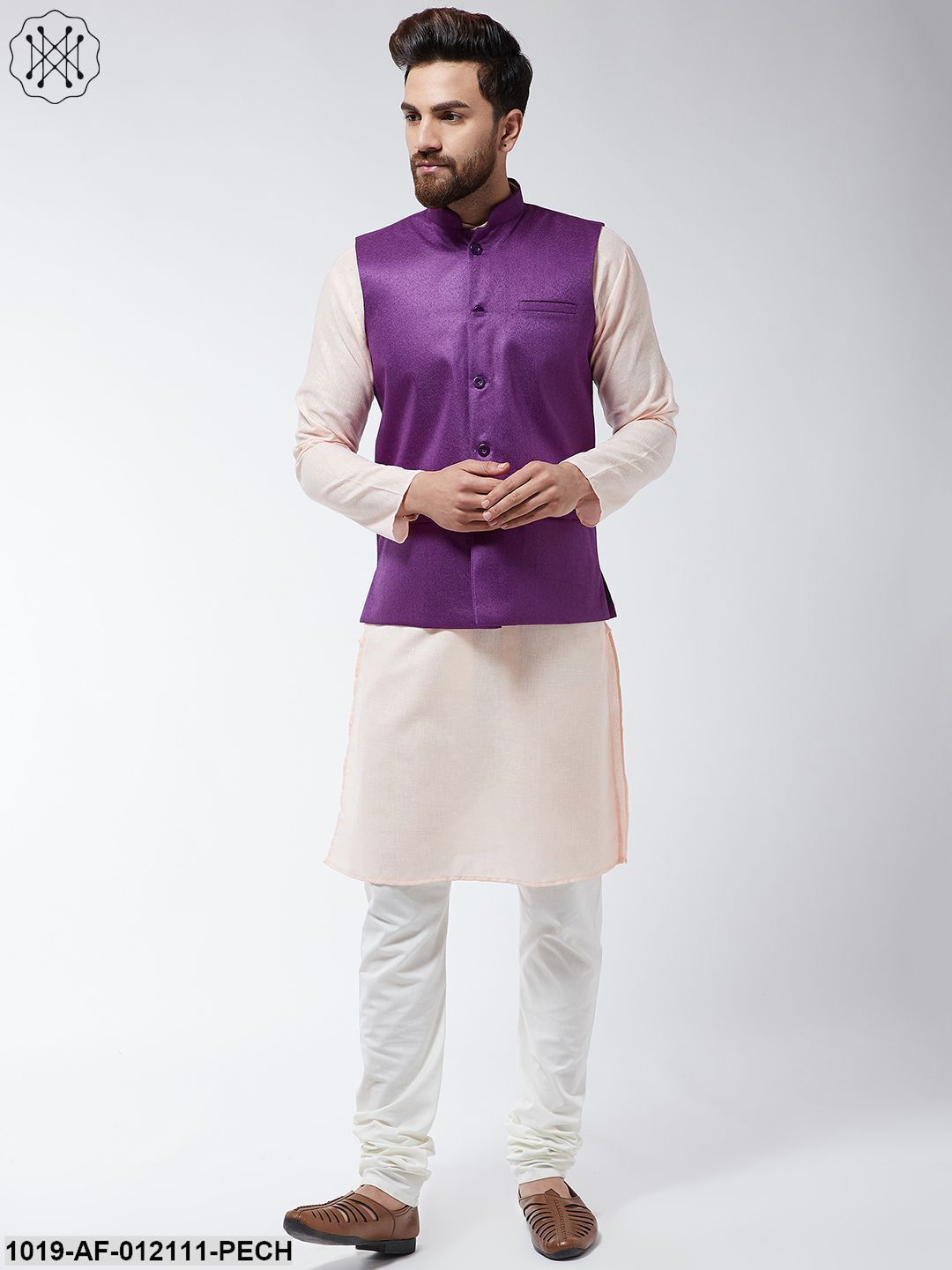 Men's Cotton Blend Peach Kurta Off-White Pyjama & Purple Nehrujacket Set