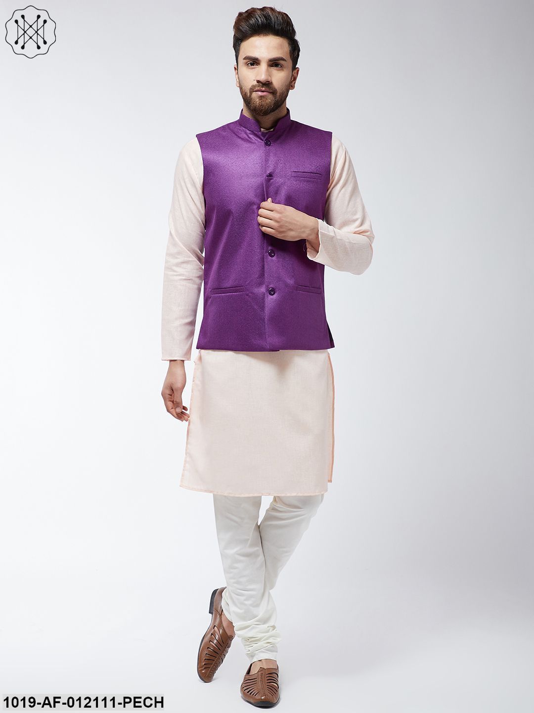 Men's Cotton Blend Peach Kurta Off-White Pyjama & Purple Nehrujacket Set