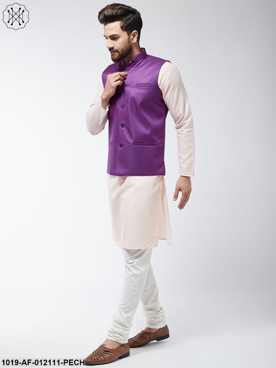 Men's Cotton Blend Peach Kurta Off-White Pyjama & Purple Nehrujacket Set
