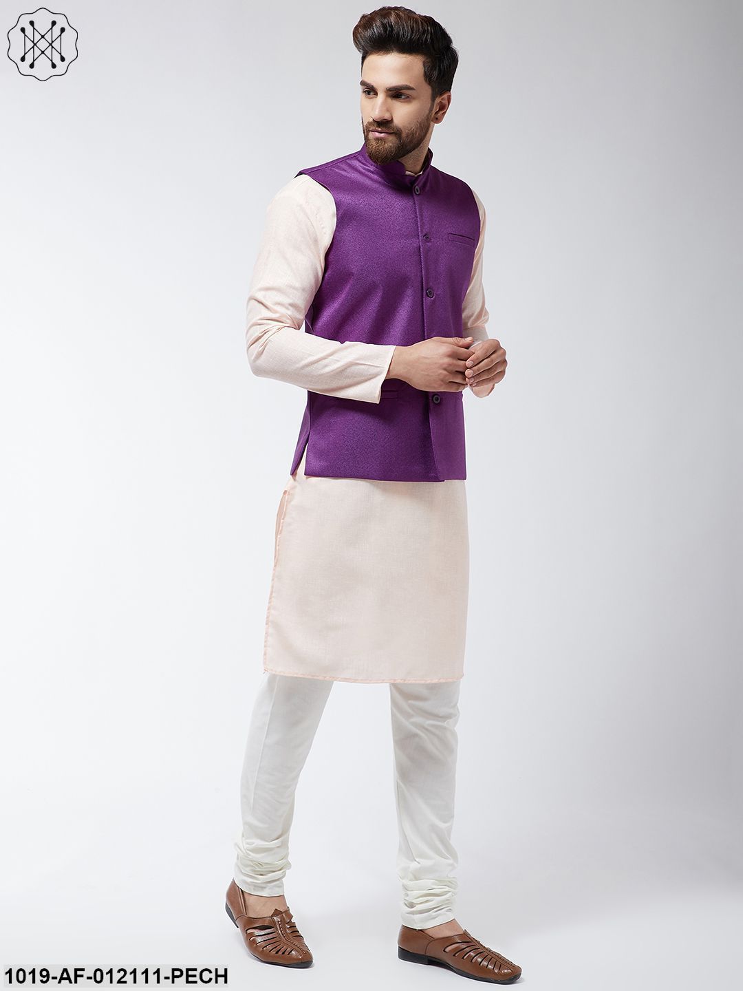 Men's Cotton Blend Peach Kurta Off-White Pyjama & Purple Nehrujacket Set