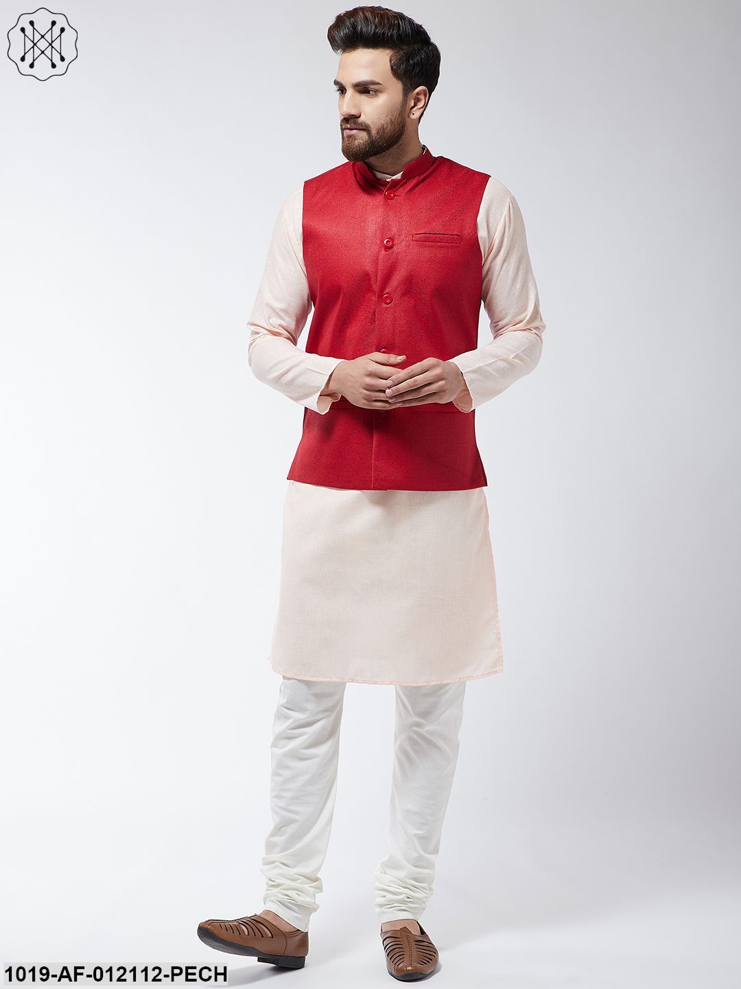 Men's Cotton Blend Peach Kurta Off-White Pyjama & Red Nehrujacket Set