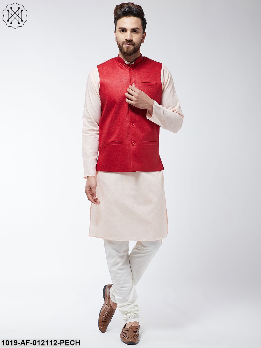 Men's Cotton Blend Peach Kurta Off-White Pyjama & Red Nehrujacket Set