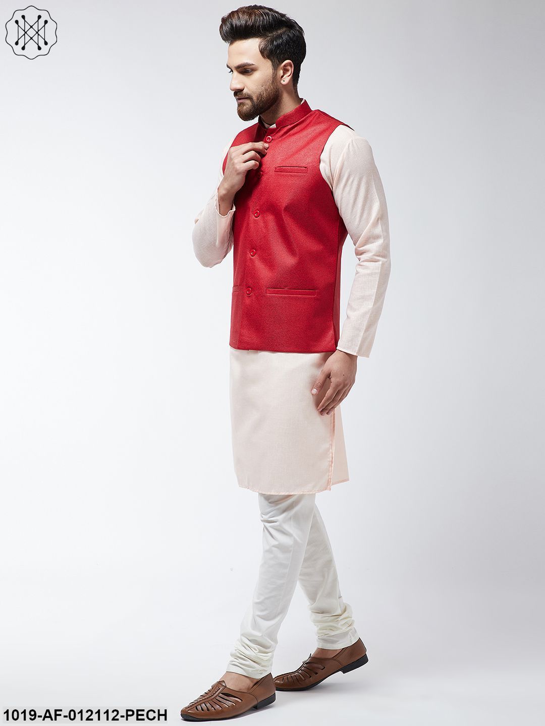 Men's Cotton Blend Peach Kurta Off-White Pyjama & Red Nehrujacket Set