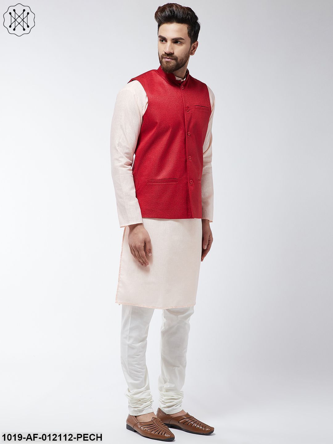 Men's Cotton Blend Peach Kurta Off-White Pyjama & Red Nehrujacket Set