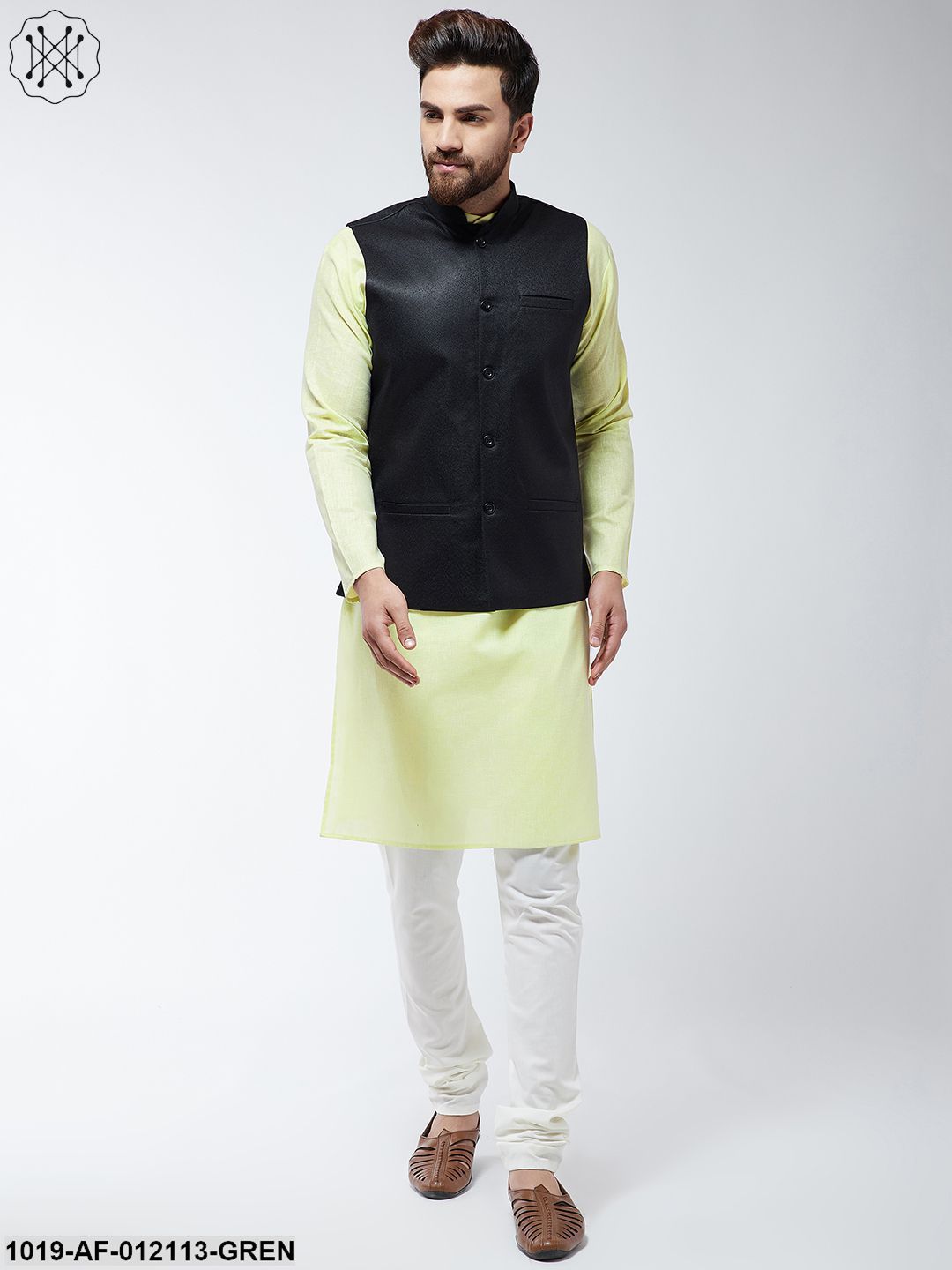 Men's Cotton Blend Limegreen Kurta Off-White Pyjama & Black Nehrujacket Set