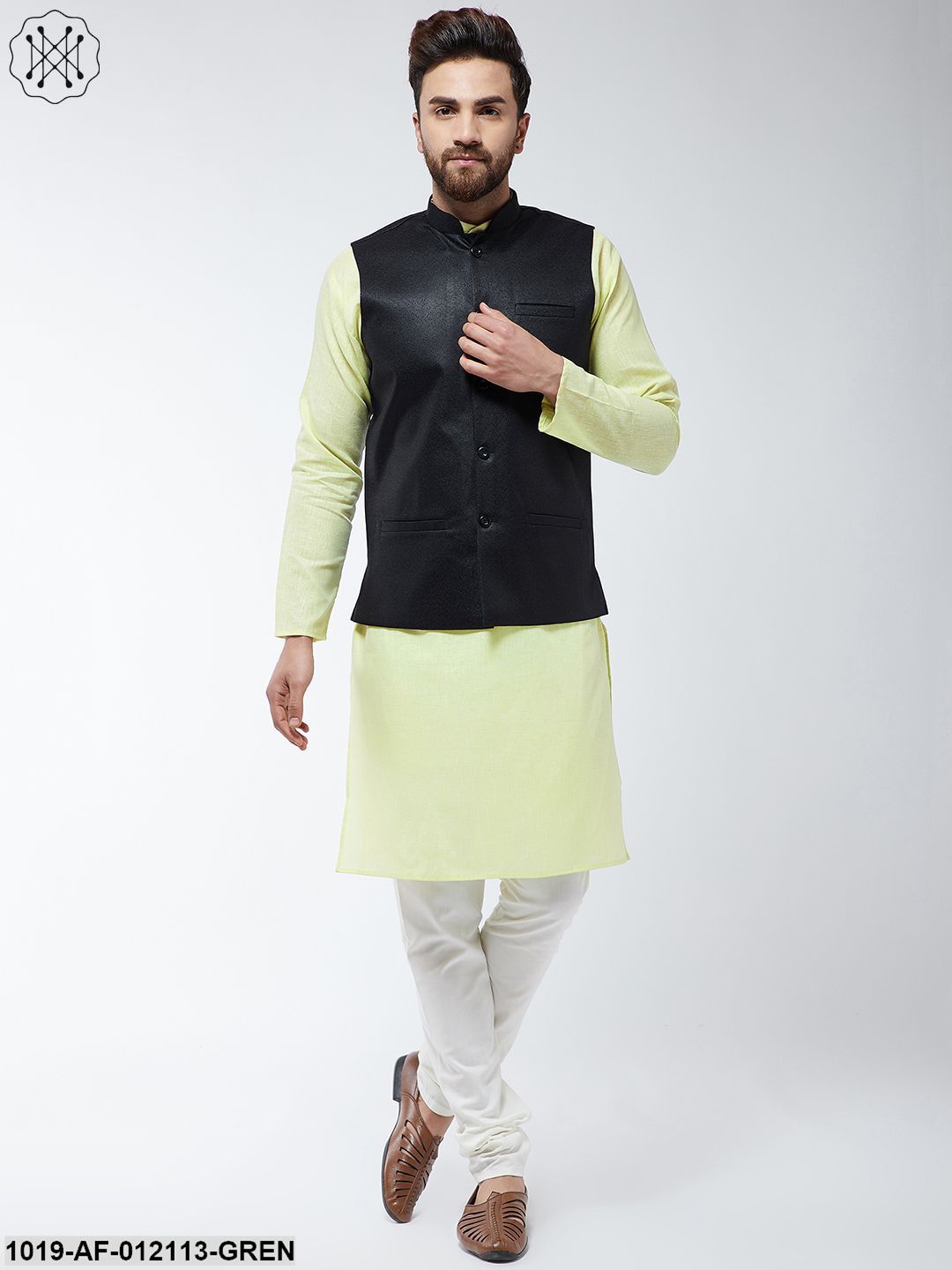 Men's Cotton Blend Limegreen Kurta Off-White Pyjama & Black Nehrujacket Set