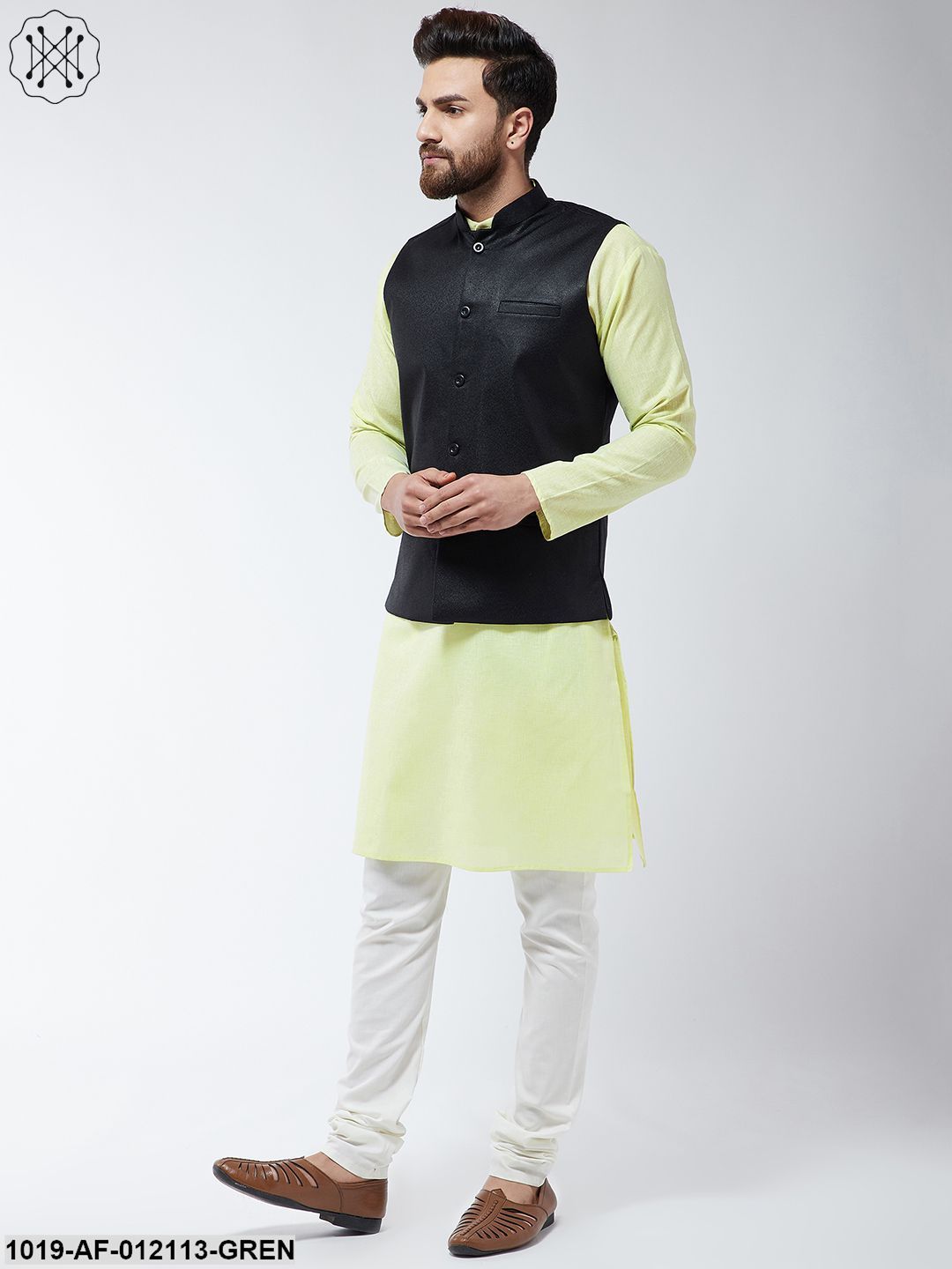Men's Cotton Blend Limegreen Kurta Off-White Pyjama & Black Nehrujacket Set
