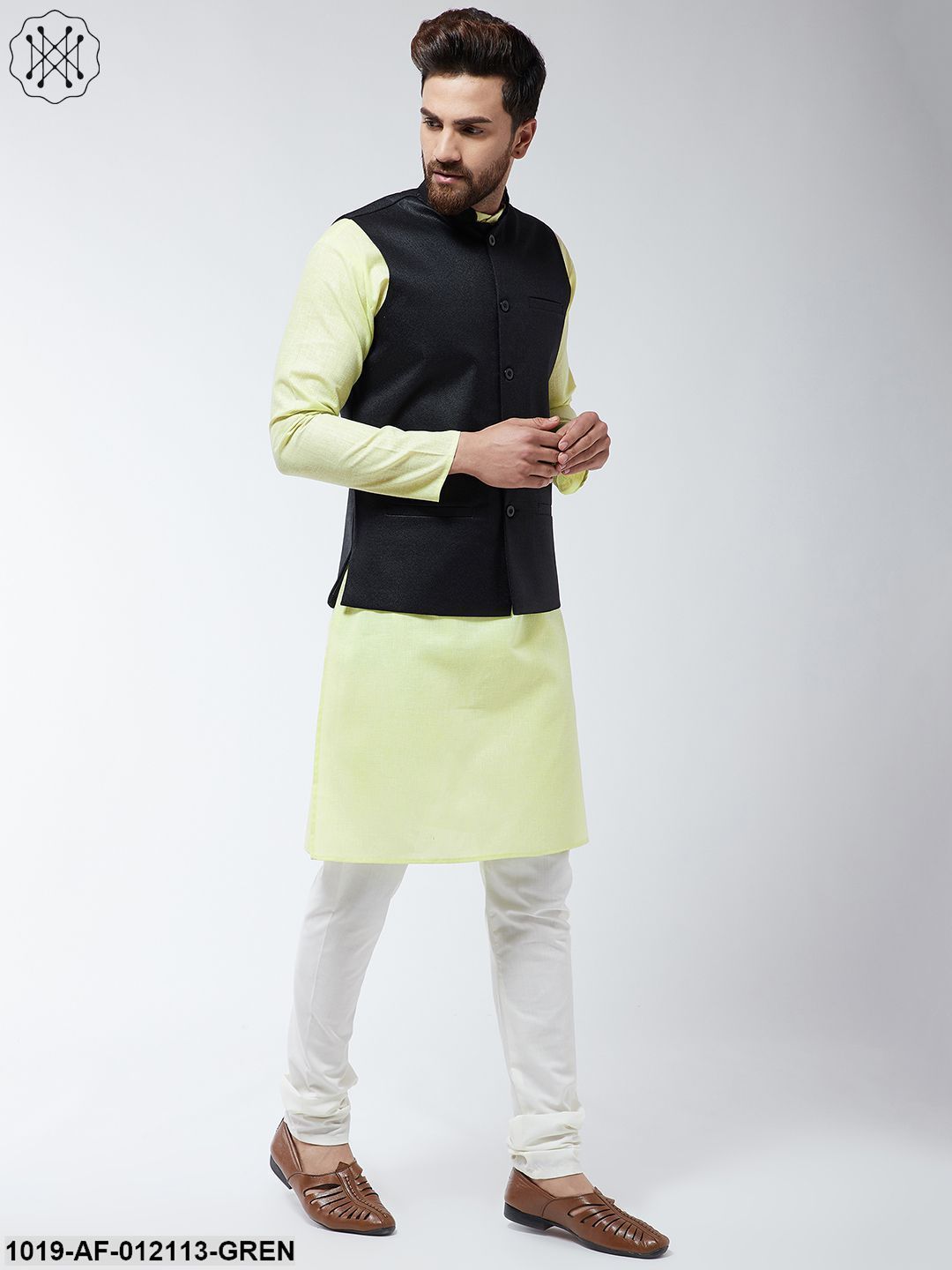 Men's Cotton Blend Limegreen Kurta Off-White Pyjama & Black Nehrujacket Set