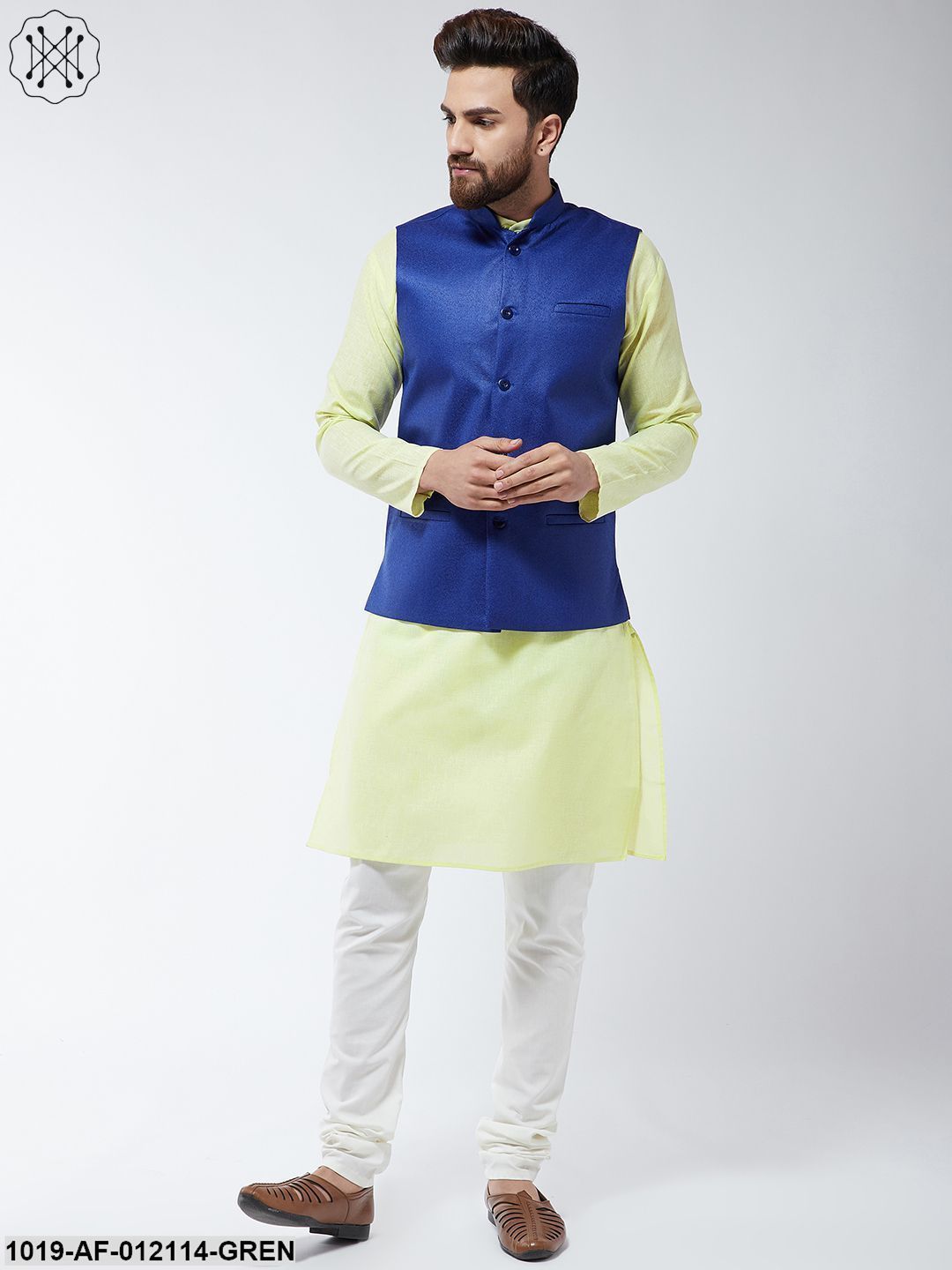Men's Cotton Blend Green Kurta Off-White Pyjama & Blue Nehrujacket Set