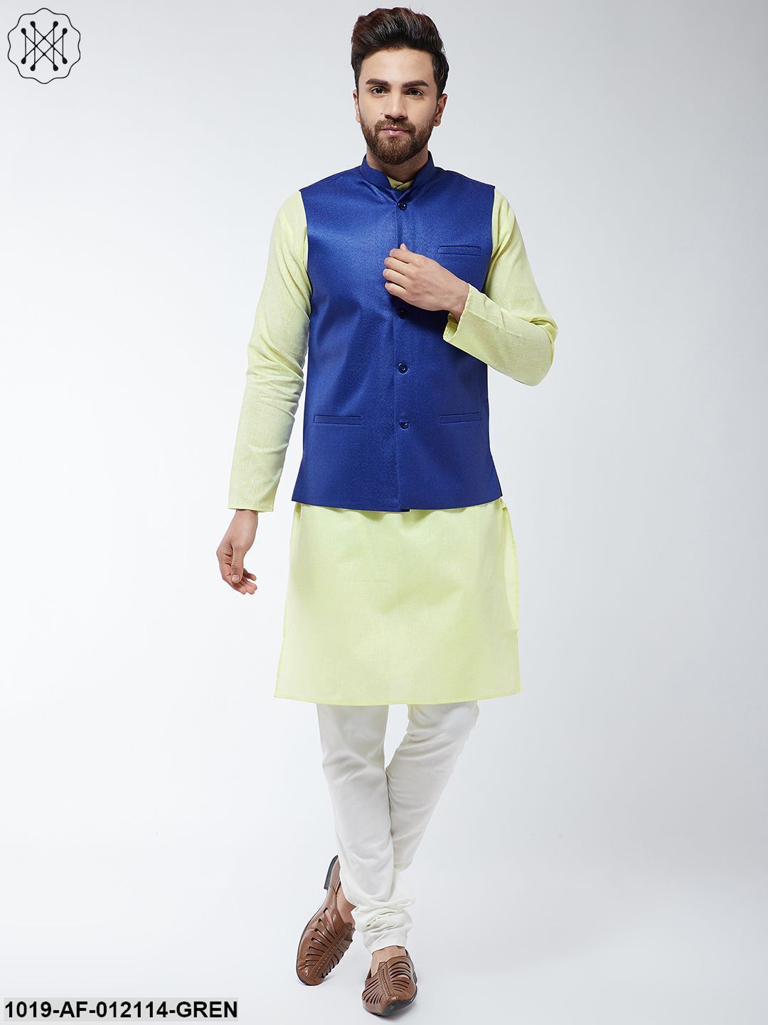 Men's Cotton Blend Green Kurta Off-White Pyjama & Blue Nehrujacket Set