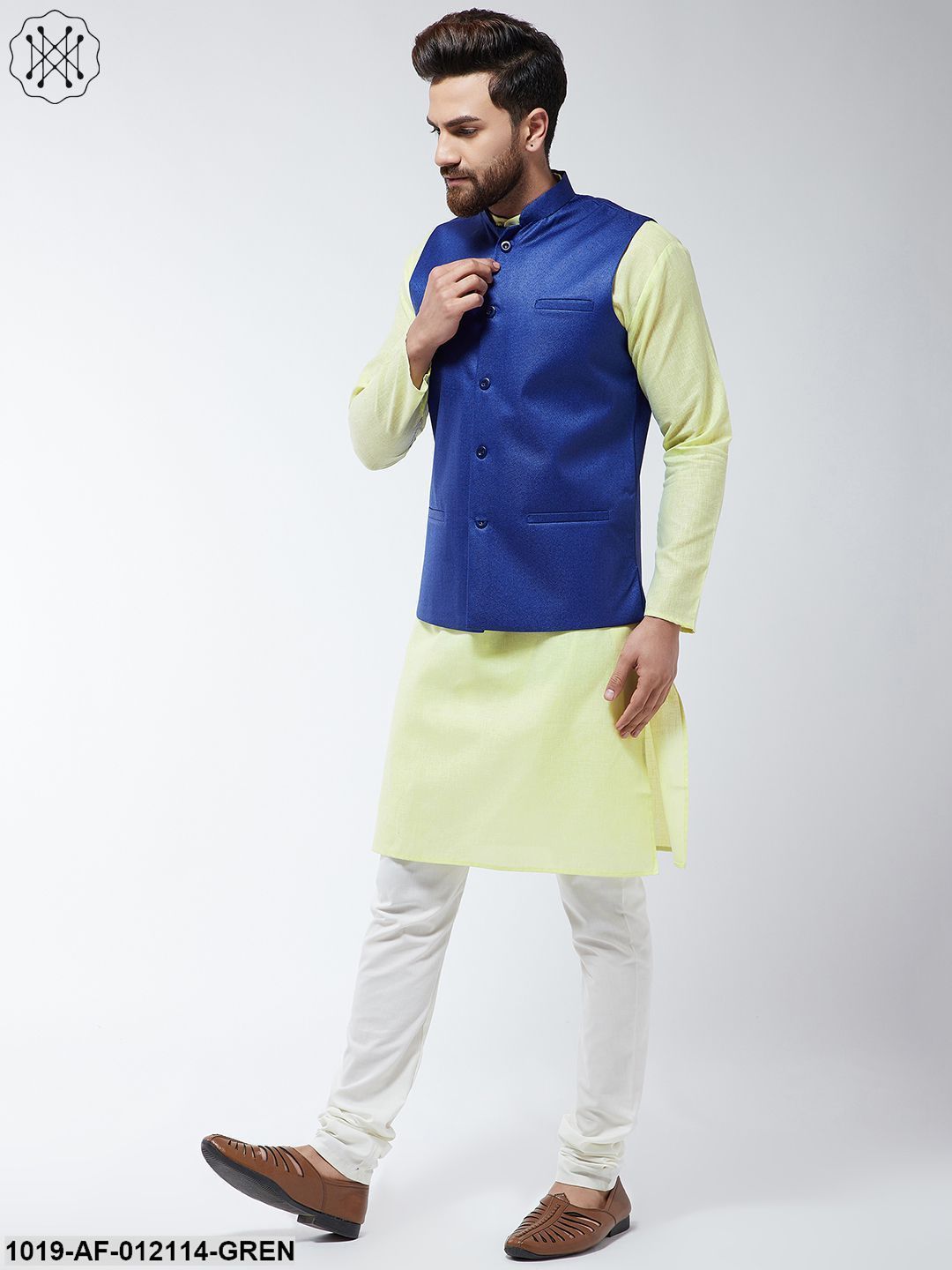 Men's Cotton Blend Green Kurta Off-White Pyjama & Blue Nehrujacket Set