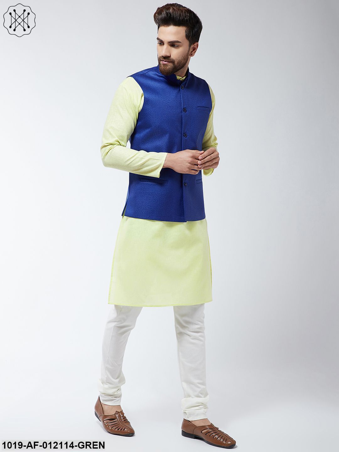 Men's Cotton Blend Green Kurta Off-White Pyjama & Blue Nehrujacket Set