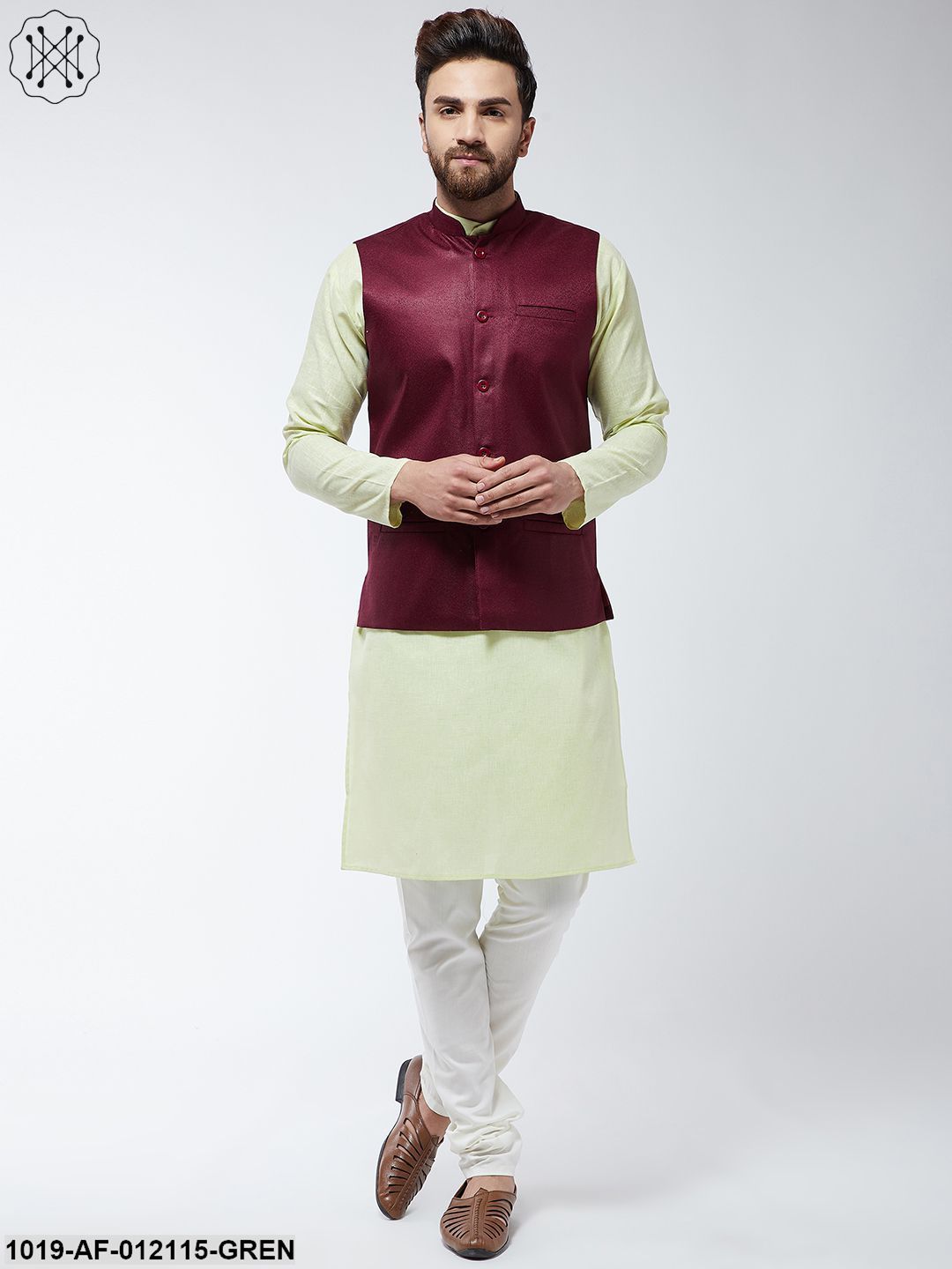 Men's Cotton Blend Limegreen Kurta Off-White Pyjama & Maroon Nehrujacket Set