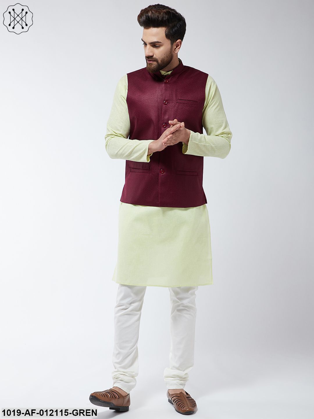 Men's Cotton Blend Limegreen Kurta Off-White Pyjama & Maroon Nehrujacket Set