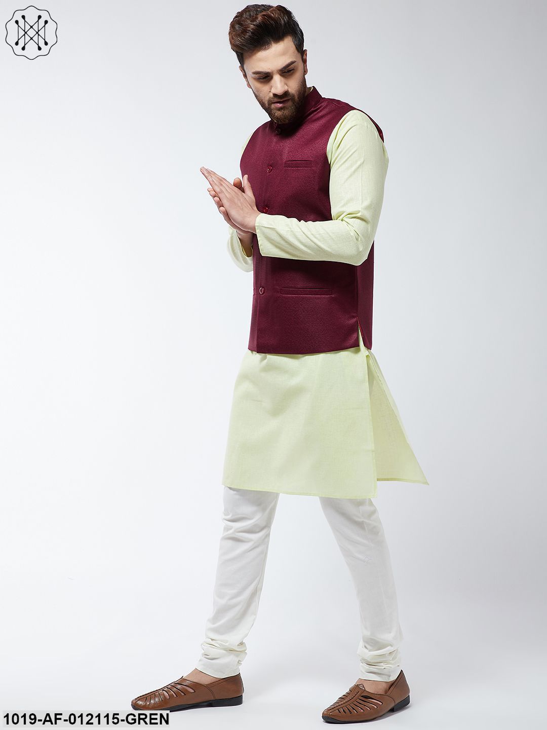 Men's Cotton Blend Limegreen Kurta Off-White Pyjama & Maroon Nehrujacket Set
