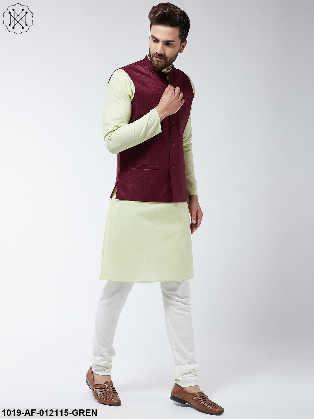 Men's Cotton Blend Limegreen Kurta Off-White Pyjama & Maroon Nehrujacket Set