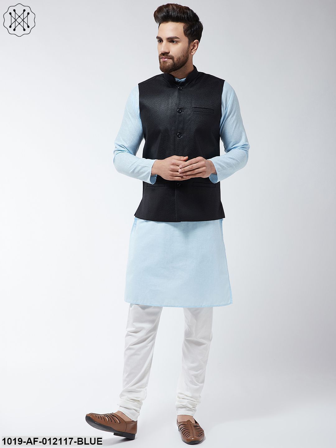 Men's Cotton Blend Sky Blue Kurta Off-White Pyjama & Black Nehrujacket Set