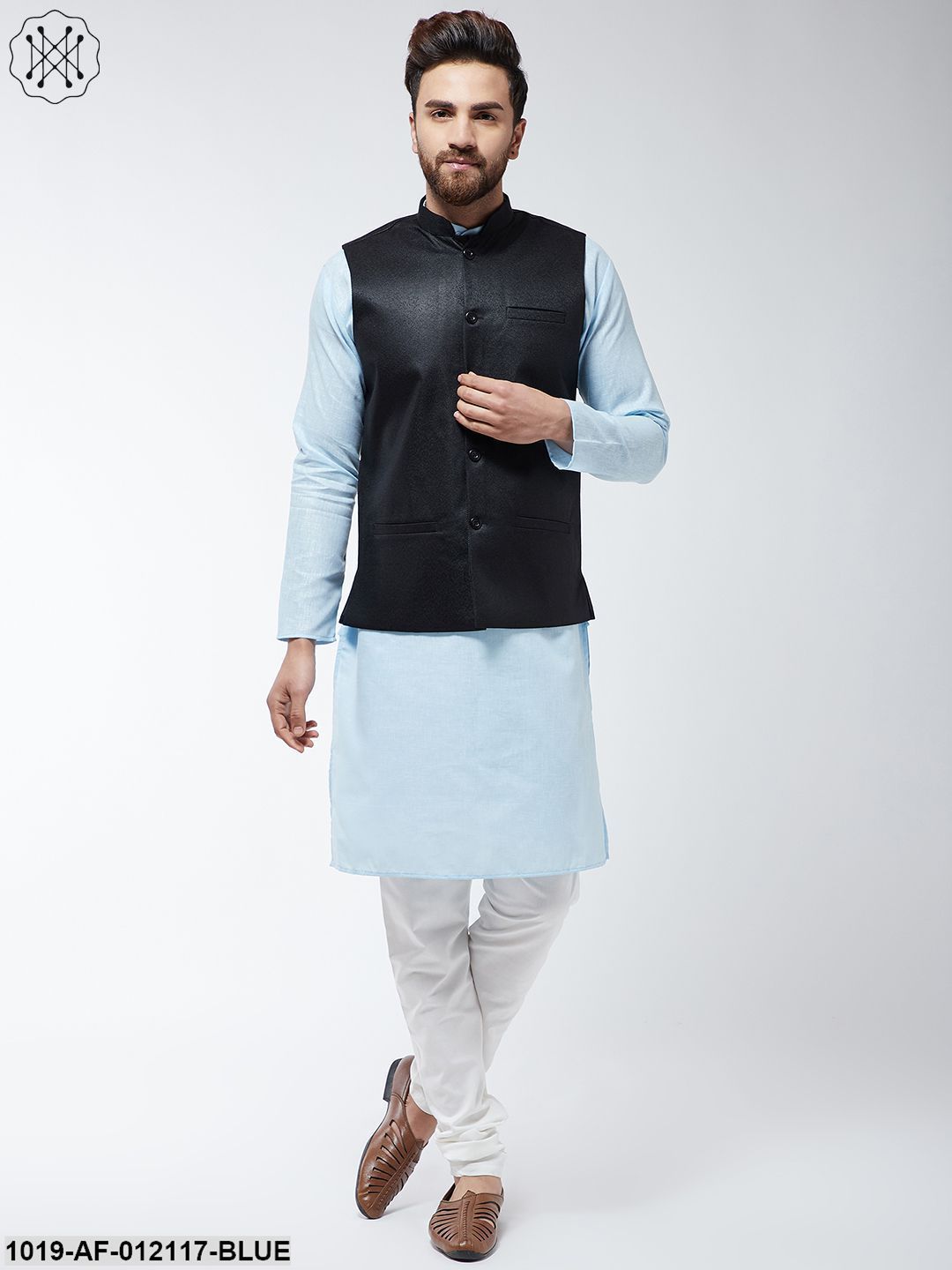 Men's Cotton Blend Sky Blue Kurta Off-White Pyjama & Black Nehrujacket Set
