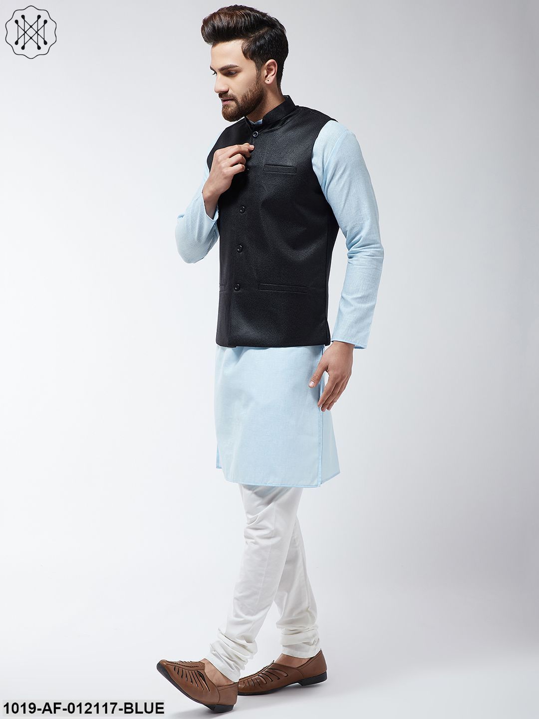 Men's Cotton Blend Sky Blue Kurta Off-White Pyjama & Black Nehrujacket Set