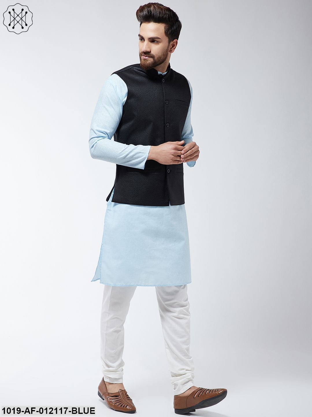 Men's Cotton Blend Sky Blue Kurta Off-White Pyjama & Black Nehrujacket Set