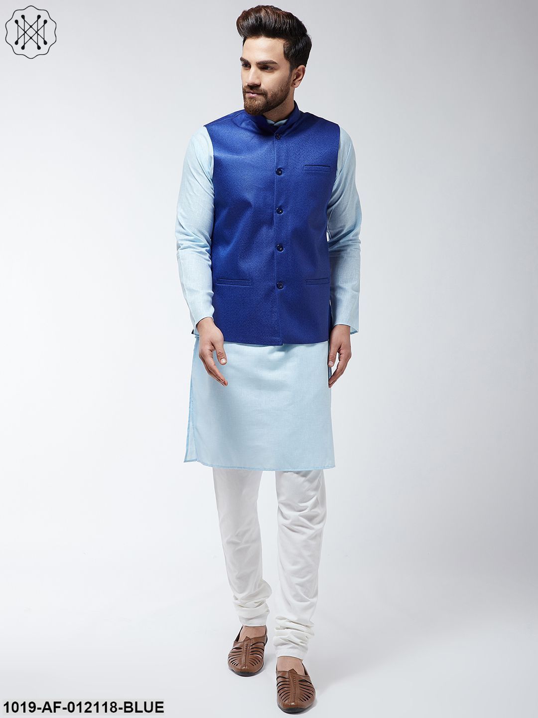 Men's Cotton Blend Sky Blue Kurta Off-White Pyjama & Royal Blue Nehrujacket Set