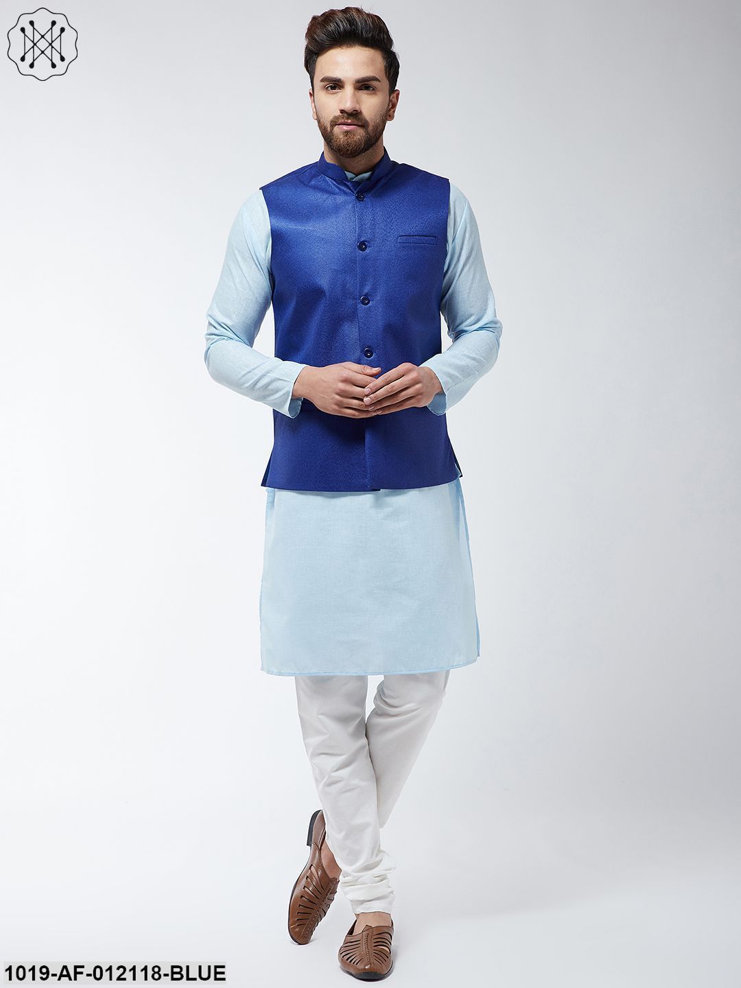 Men's Cotton Blend Sky Blue Kurta Off-White Pyjama & Royal Blue Nehrujacket Set