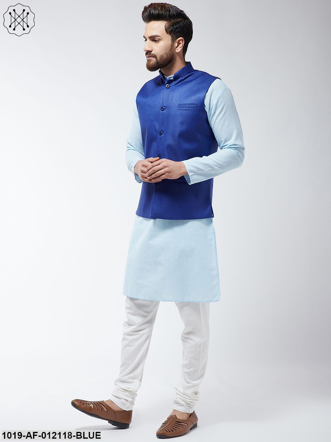 Men's Cotton Blend Sky Blue Kurta Off-White Pyjama & Royal Blue Nehrujacket Set