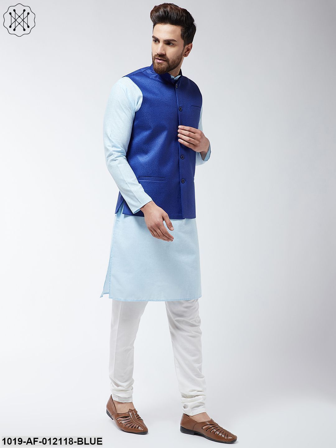 Men's Cotton Blend Sky Blue Kurta Off-White Pyjama & Royal Blue Nehrujacket Set