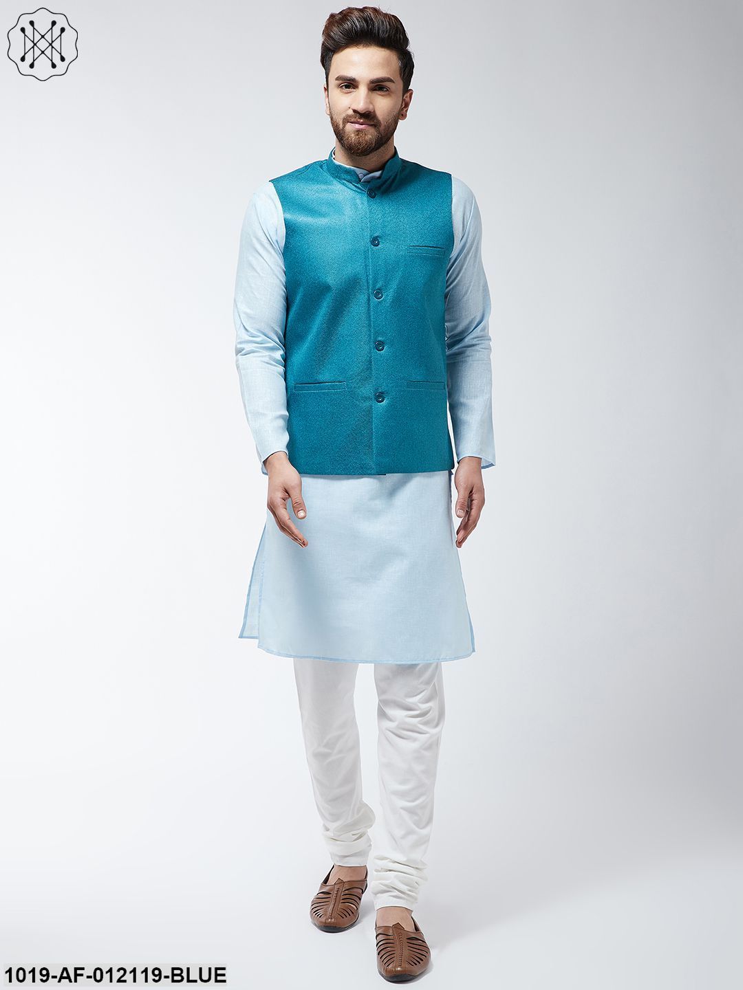 Men's Cotton Blend Sky Blue Kurta Off-White Pyjama & Peacock Nehrujacket Set