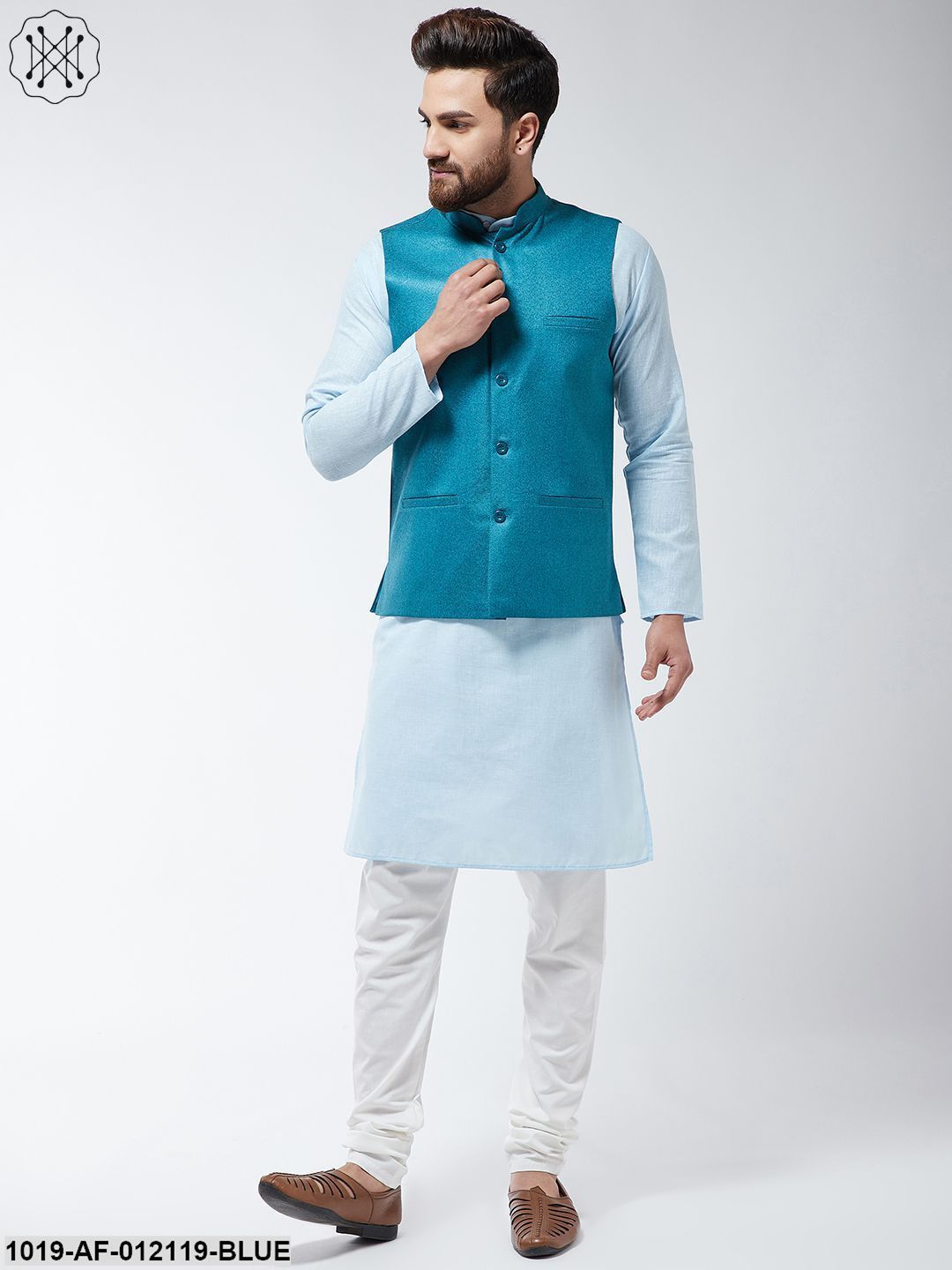 Men's Cotton Blend Sky Blue Kurta Off-White Pyjama & Peacock Nehrujacket Set