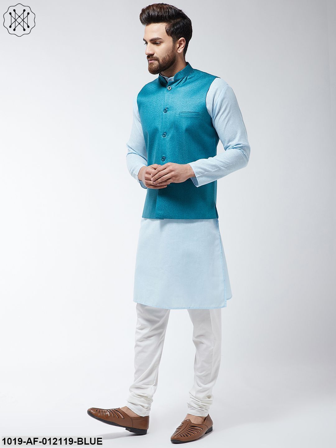Men's Cotton Blend Sky Blue Kurta Off-White Pyjama & Peacock Nehrujacket Set