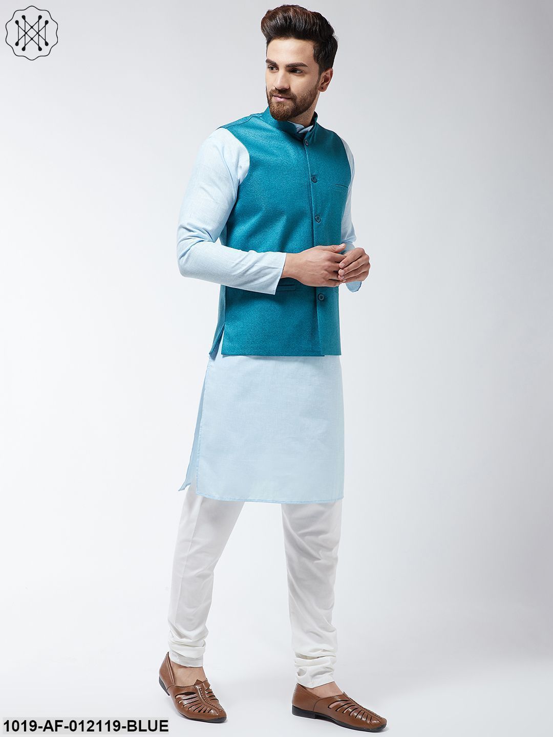 Men's Cotton Blend Sky Blue Kurta Off-White Pyjama & Peacock Nehrujacket Set