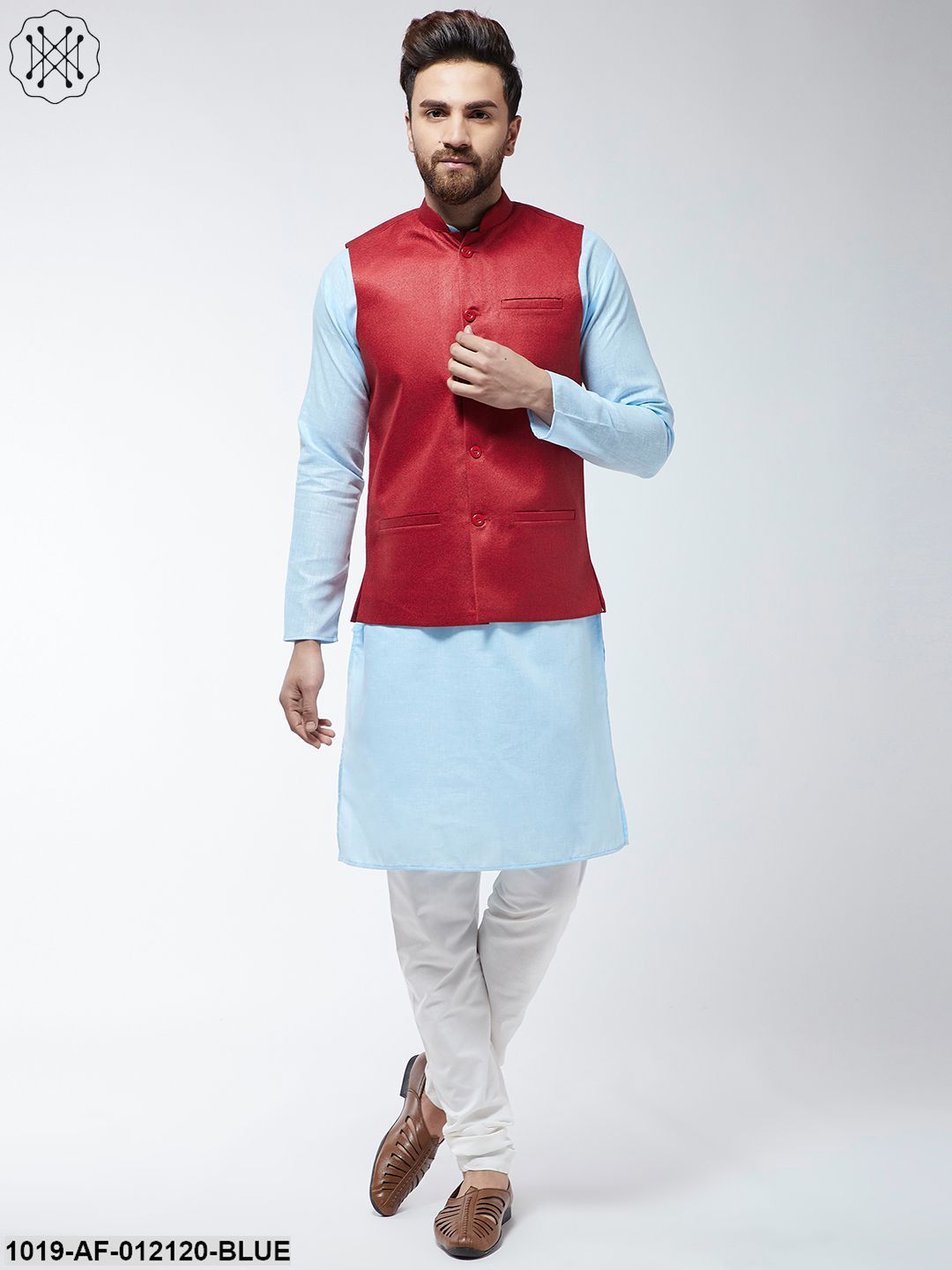 Men's Cotton Blend Sky Blue Kurta Off-White Pyjama & Red Nehrujacket Set