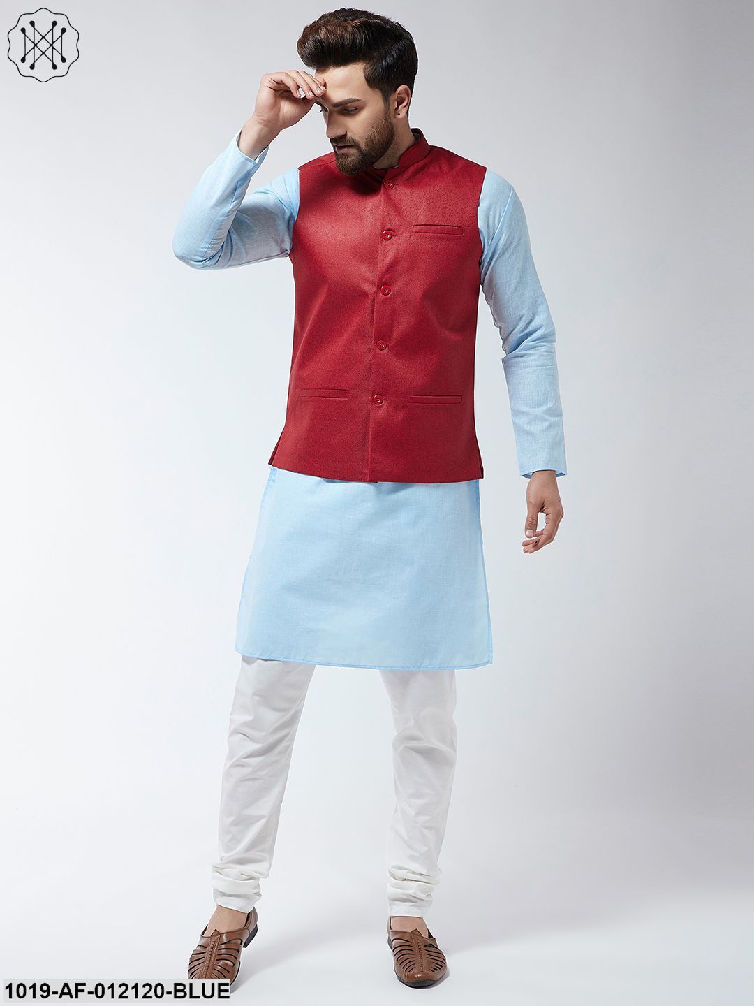 Men's Cotton Blend Sky Blue Kurta Off-White Pyjama & Red Nehrujacket Set