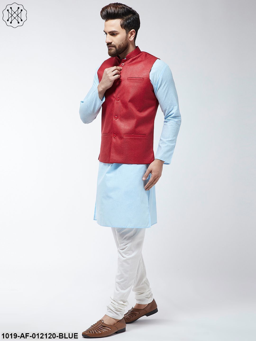Men's Cotton Blend Sky Blue Kurta Off-White Pyjama & Red Nehrujacket Set