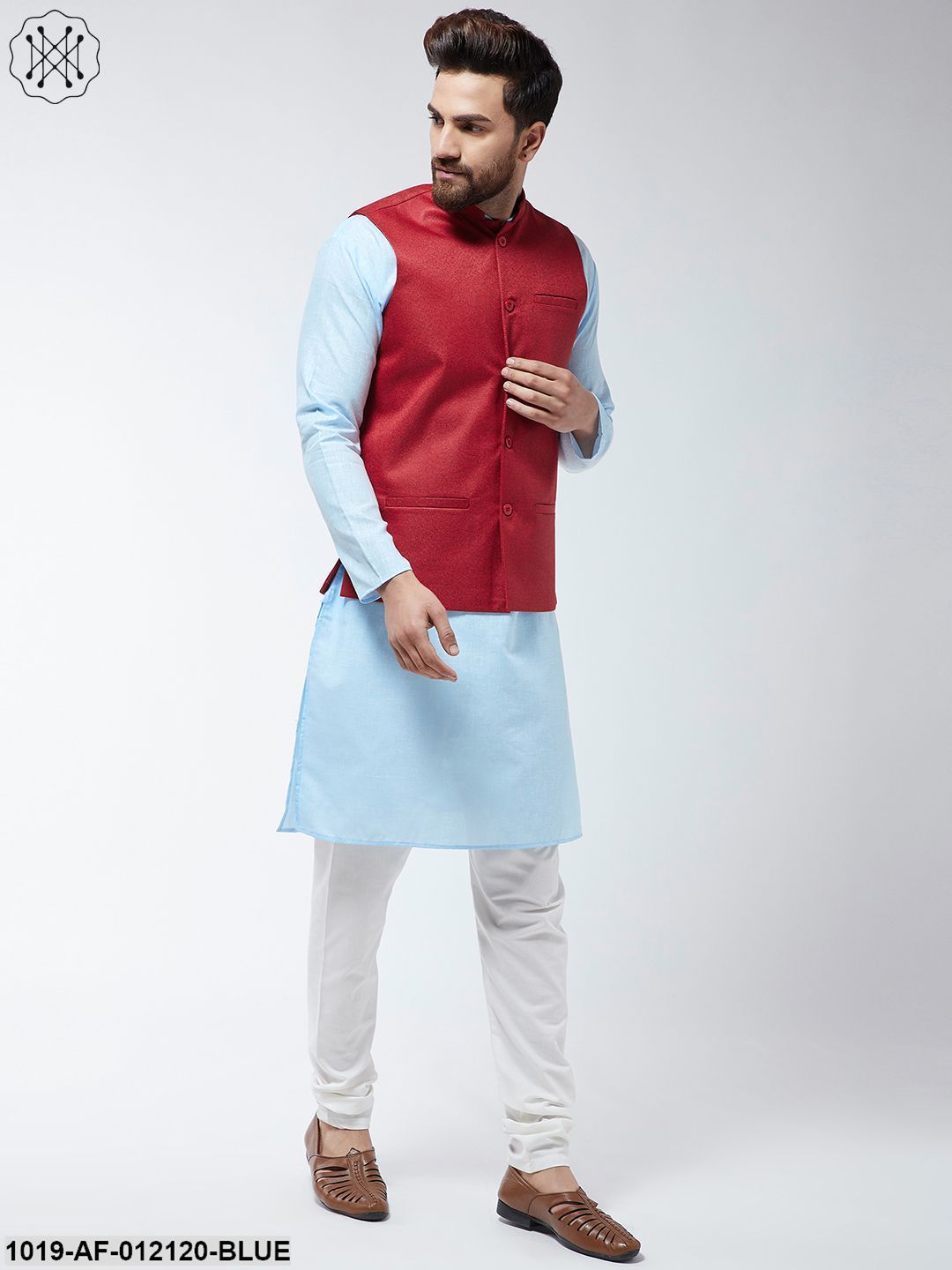 Men's Cotton Blend Sky Blue Kurta Off-White Pyjama & Red Nehrujacket Set