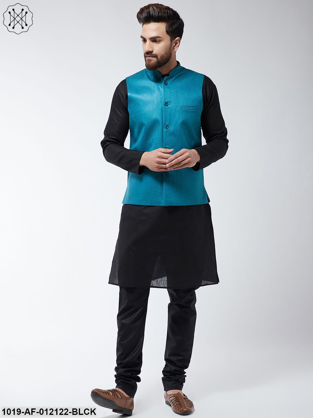 Men's Cotton Blend Black Kurta Pyjama & Peacock Blue Nehrujacket Set