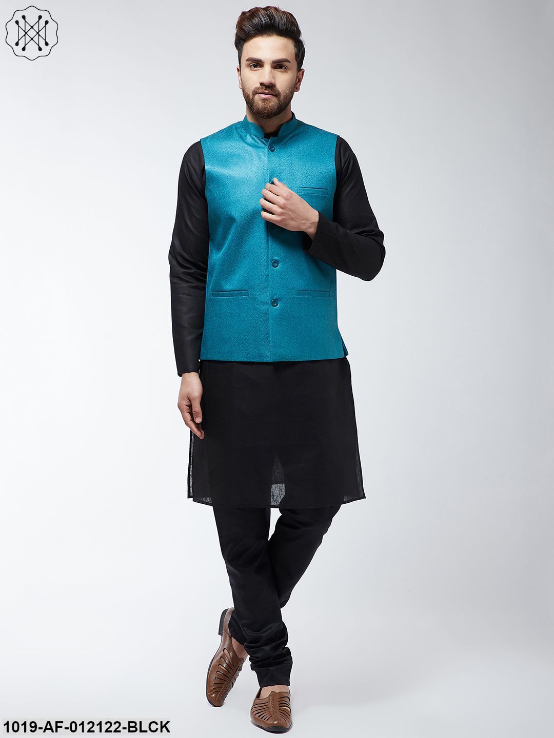 Men's Cotton Blend Black Kurta Pyjama & Peacock Blue Nehrujacket Set