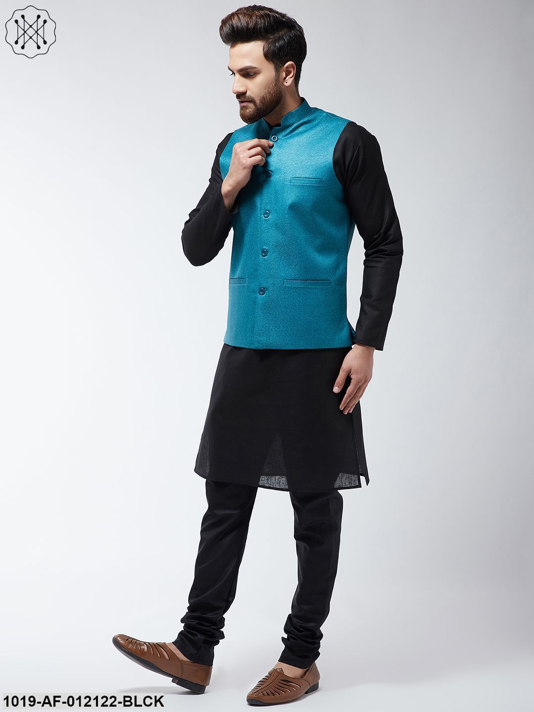 Men's Cotton Blend Black Kurta Pyjama & Peacock Blue Nehrujacket Set